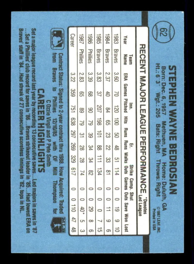 1988 Donruss #62 Steve Bedrosian NM-MT Philadelphia Phillies Baseball Card - Baseball Card Single