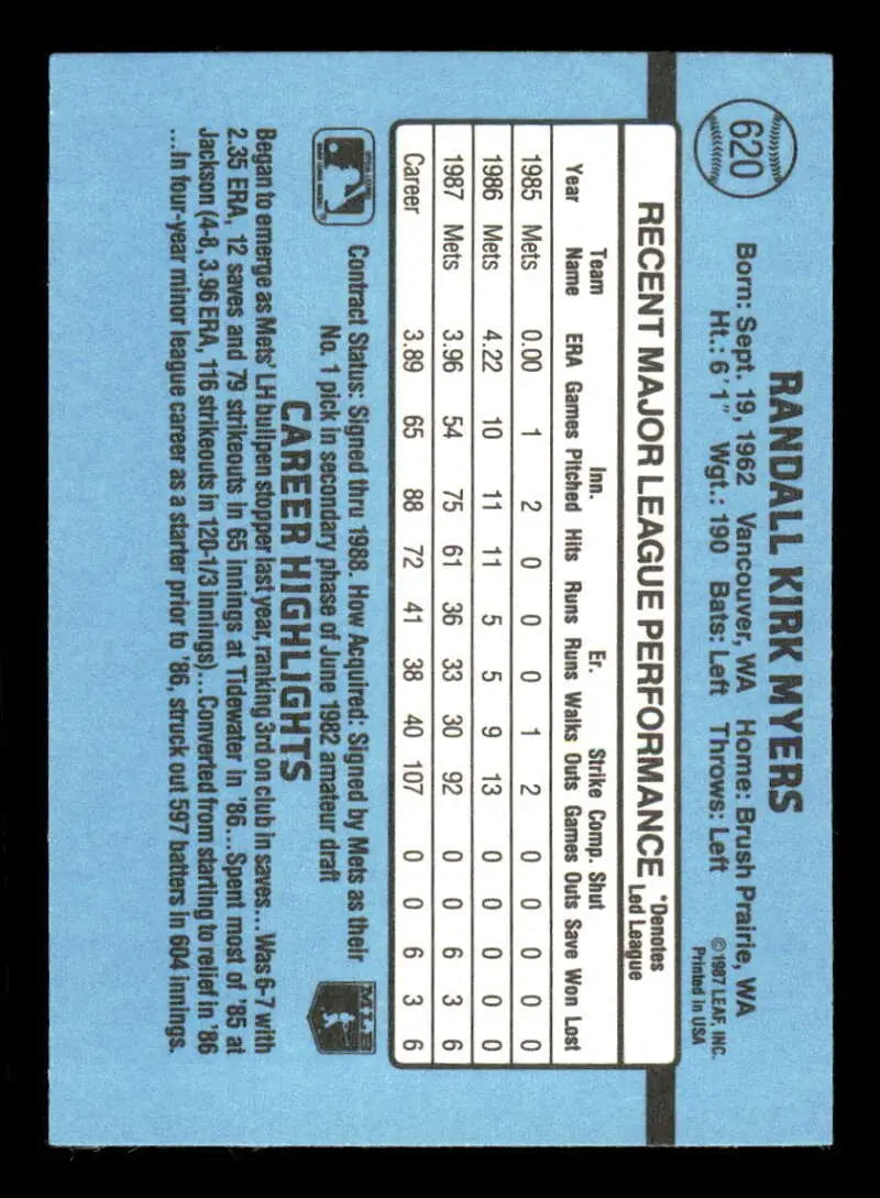 1988 Donruss #620 Randy Myers NM-MT New York Mets Baseball Card - Baseball Card Single
