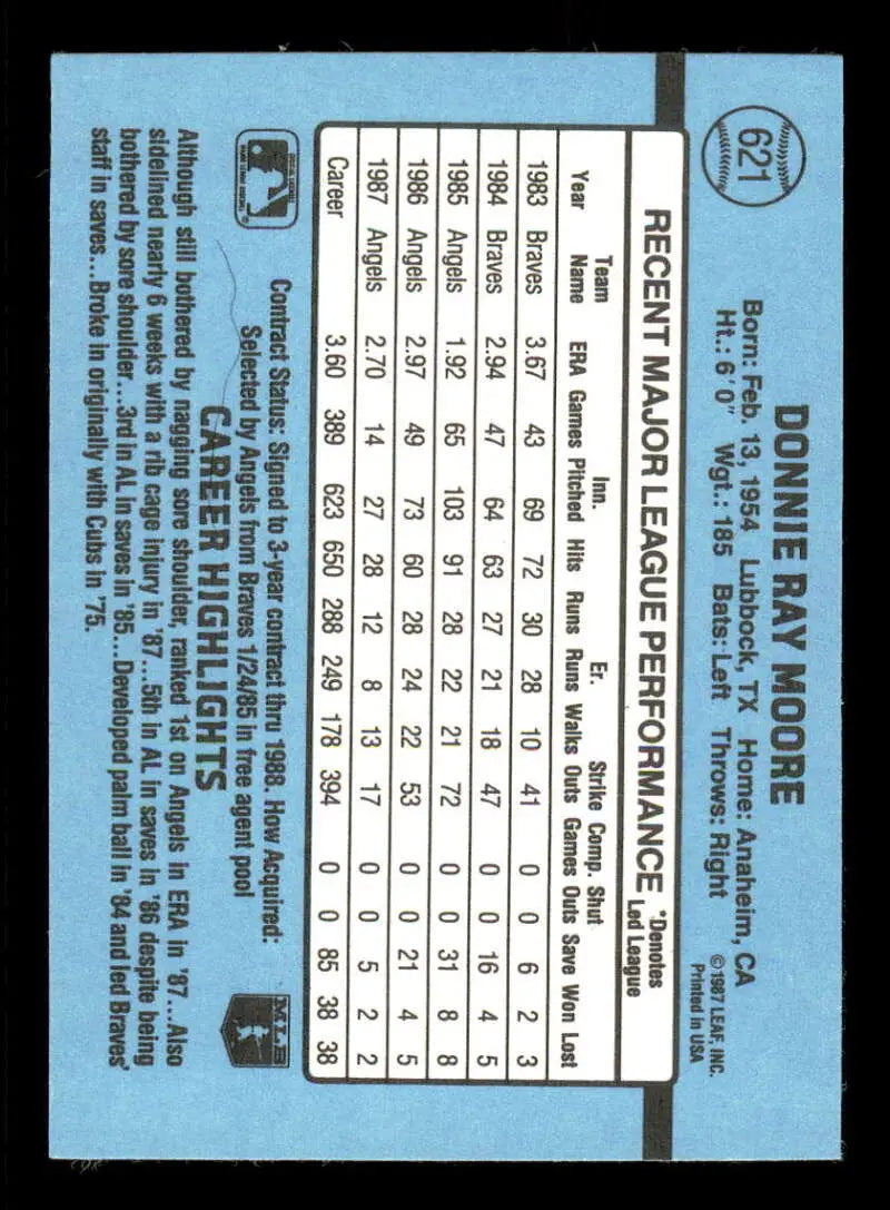 1988 Donruss #621 Donnie Moore NM-MT California Angels Baseball Card - Baseball Card Single