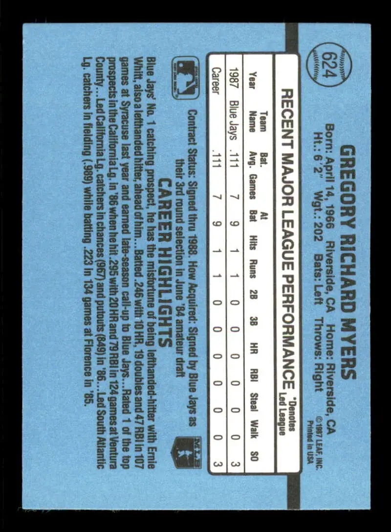 1988 Donruss #624 Greg Myers NM-MT RC Rookie Toronto Blue Jays Baseball Card - Baseball Card Single