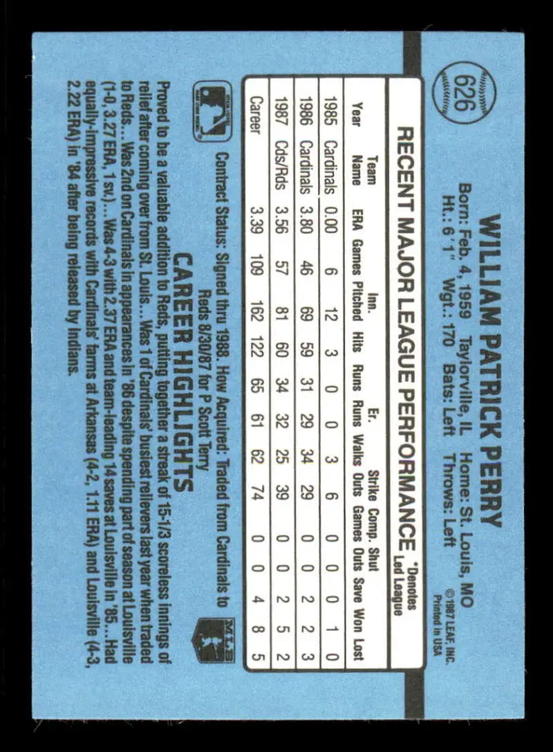 1988 Donruss #626 Pat Perry NM-MT Cincinnati Reds Baseball Card - Baseball Card Single