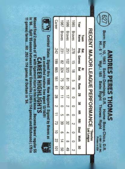 1988 Donruss Andres Thomas baseball card with player statistics andres thomas baseball card