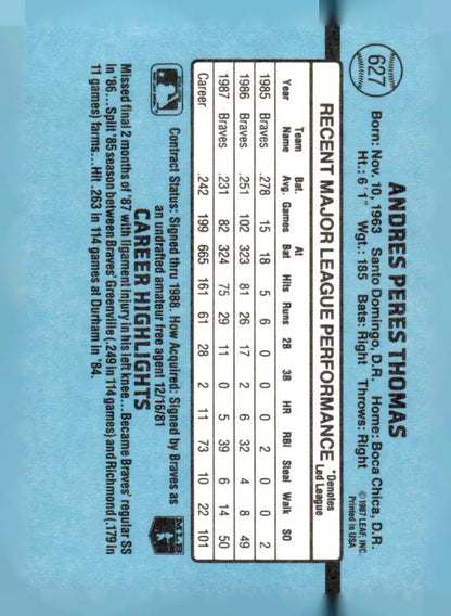 Back of 1988 Donruss Andres Thomas baseball card with player stats and career highlights