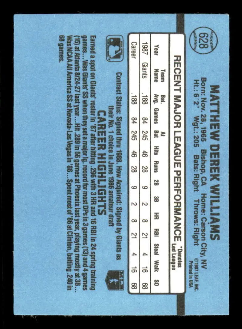 1988 Donruss #628 Matt Williams NM-MT RC Rookie San Francisco Giants Baseball Card - Baseball Card Single