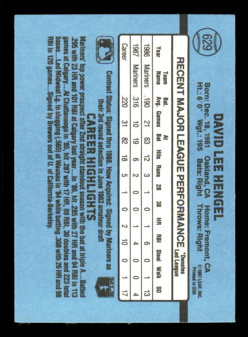 1988 Donruss #629 Dave Hengel NM-MT RC Rookie Seattle Mariners Baseball Card - Baseball Card Single