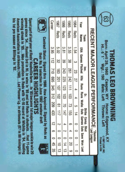 Baseball card of Tom Browning Cincinnati Reds 1988 Donruss #63 product