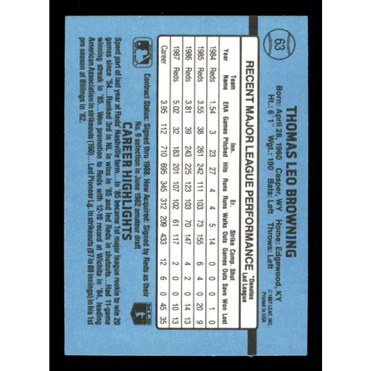 1988 Donruss #63 Tom Browning EX Cincinnati Reds Baseball Card