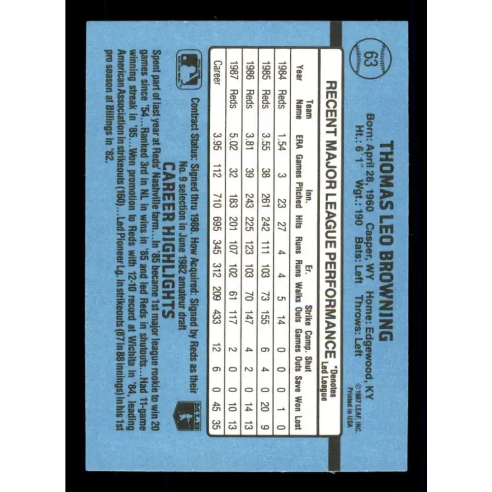 1988 Donruss #63 Tom Browning EX Cincinnati Reds Baseball Card - Baseball Card Single