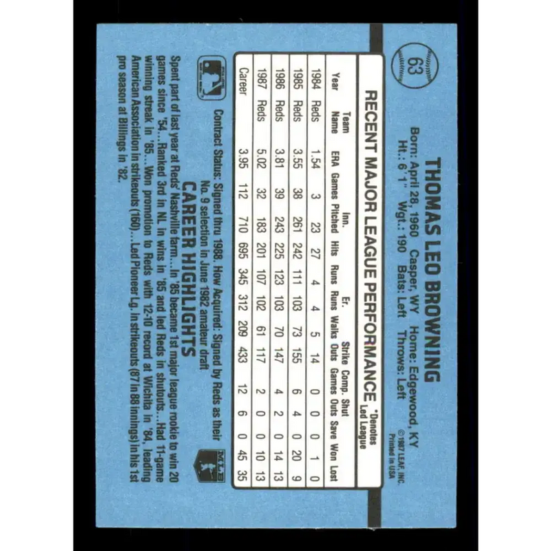 1988 Donruss #63 Tom Browning EX Cincinnati Reds Baseball Card - Baseball Card Single