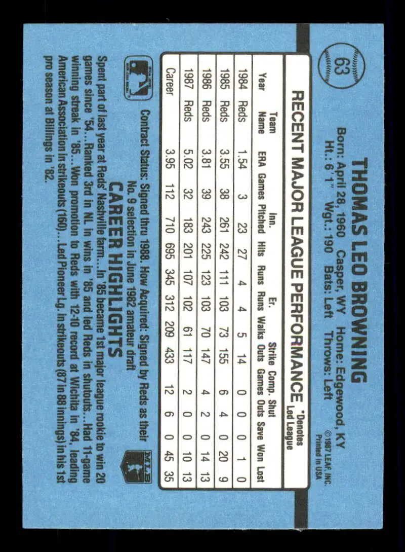 1988 Donruss #63 Tom Browning NM-MT Cincinnati Reds Baseball Card - Baseball Card Single