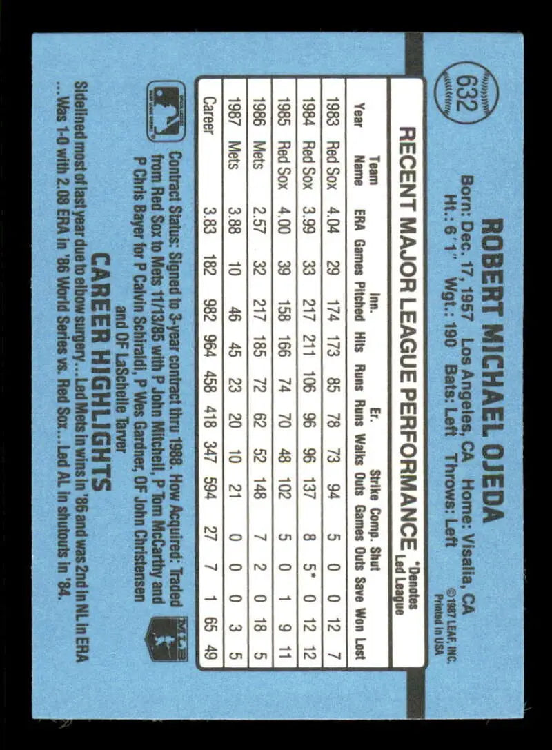 1988 Donruss #632 Bob Ojeda NM-MT SP New York Mets Baseball Card - Baseball Card Single