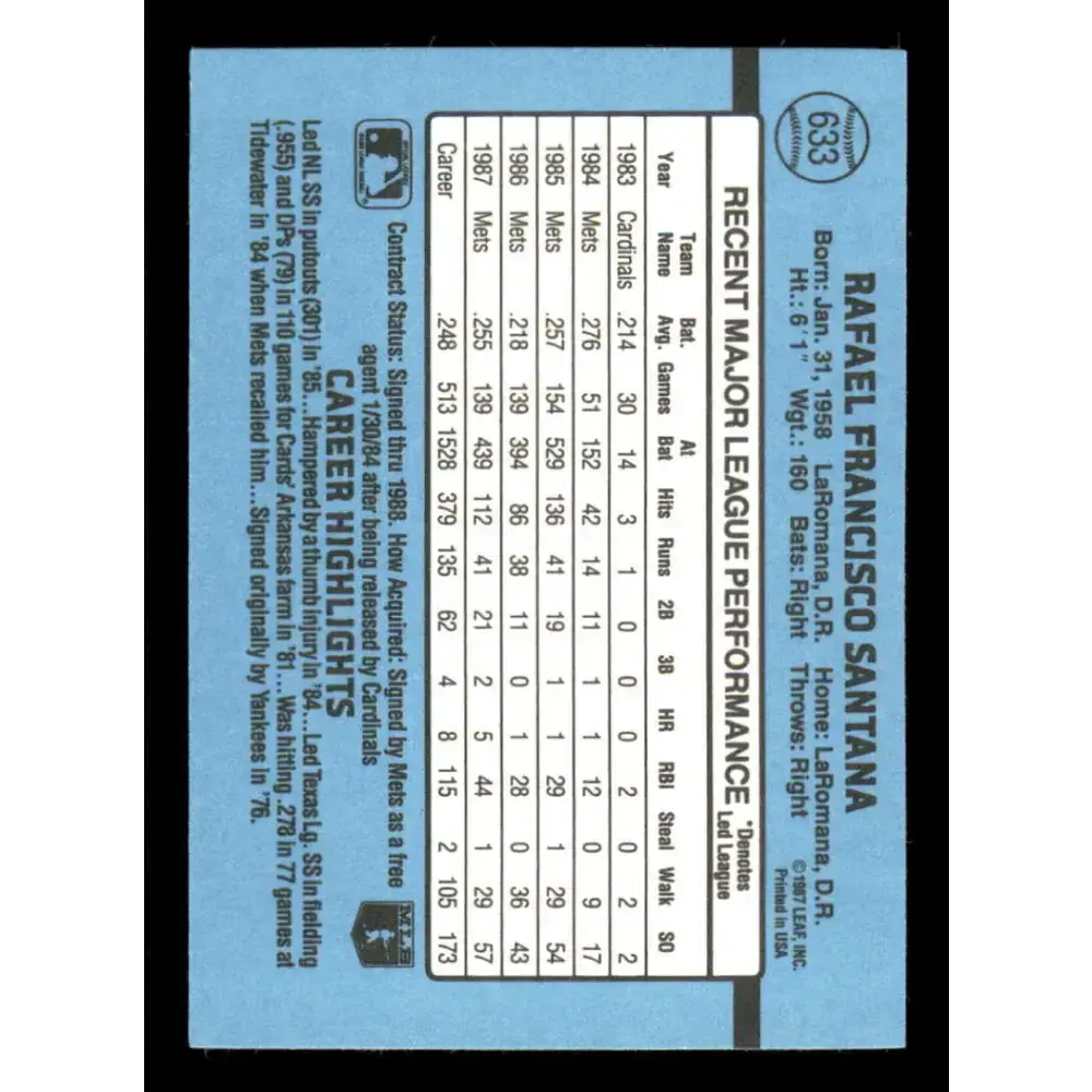 1988 Donruss #633 Rafael Santana EX New York Mets Baseball Card - Baseball Card Single