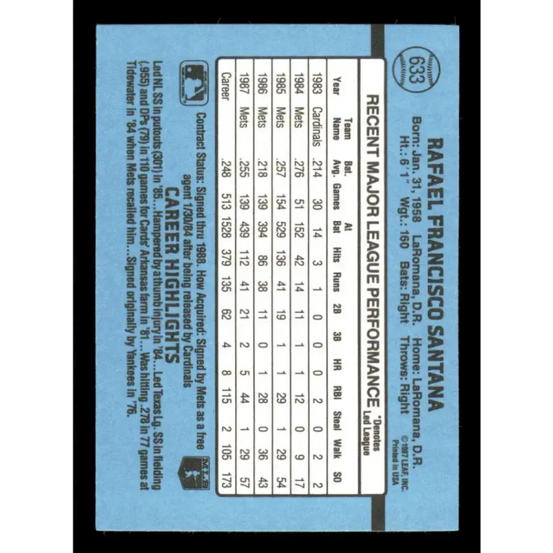 1988 Donruss #633 Rafael Santana EX New York Mets Baseball Card - Baseball Card Single