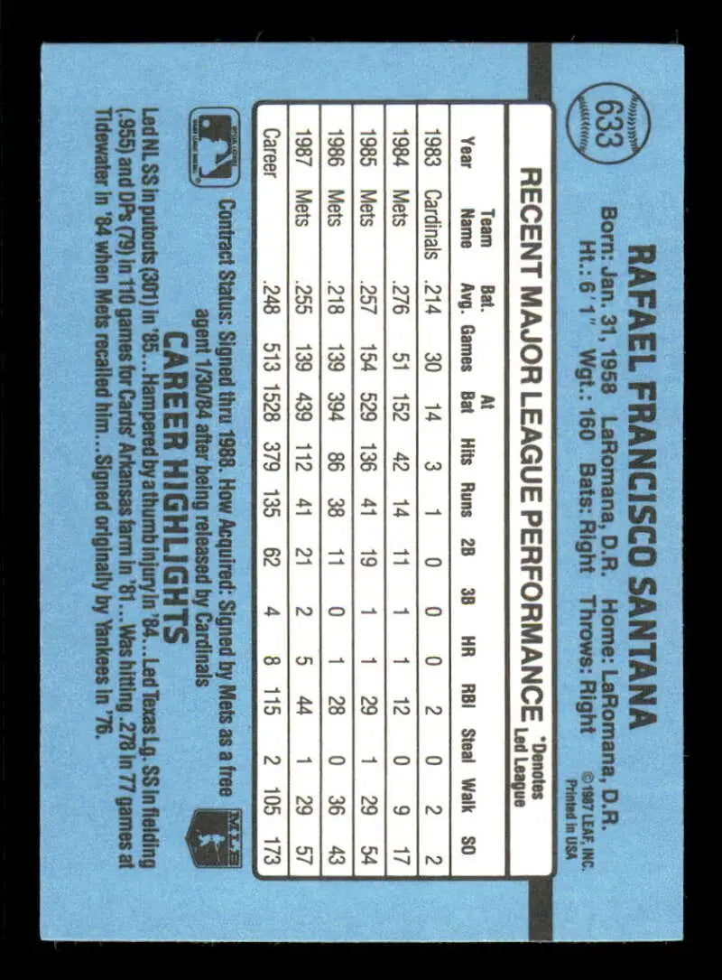 1988 Donruss #633 Rafael Santana NM-MT New York Mets Baseball Card - Baseball Card Single