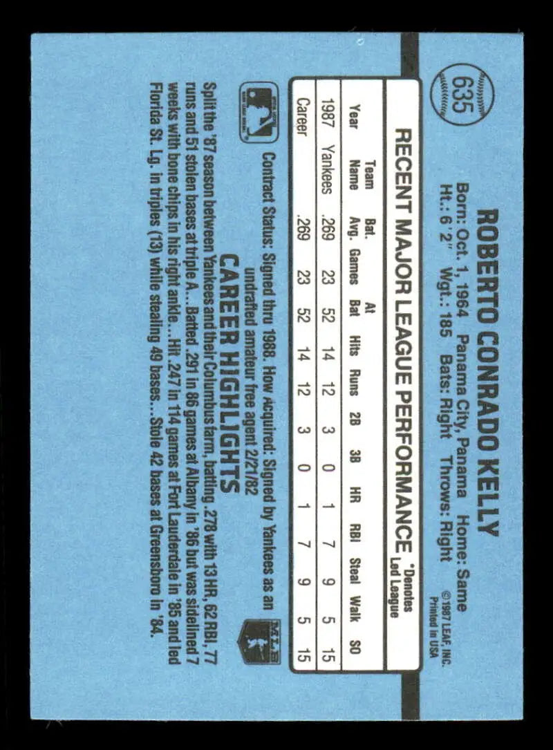 1988 Donruss #635 Roberto Kelly NM-MT RC Rookie SP New York Yankees Baseball Card - Baseball Card Single