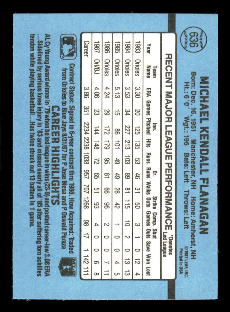 1988 Donruss #636 Mike Flanagan NM-MT SP Toronto Blue Jays Baseball Card - Baseball Card Single