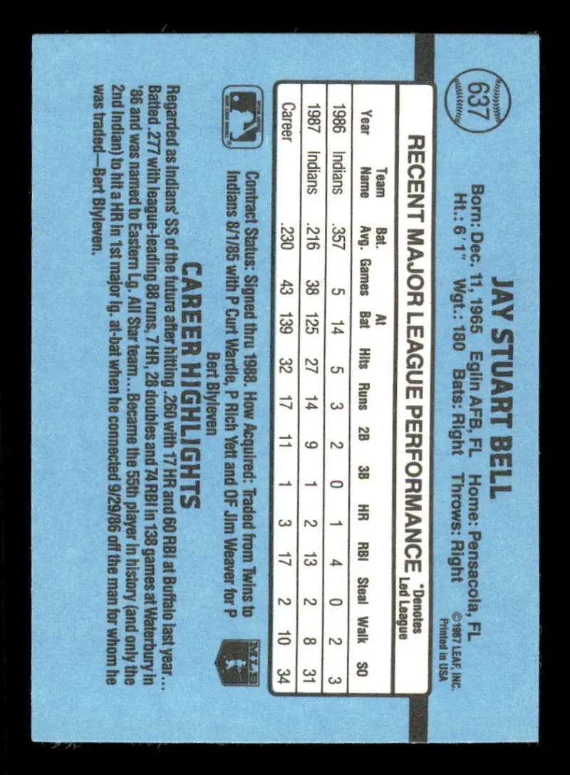1988 Donruss #637 Jay Bell NM-MT RC Rookie Cleveland Indians Baseball Card - Baseball Card Single