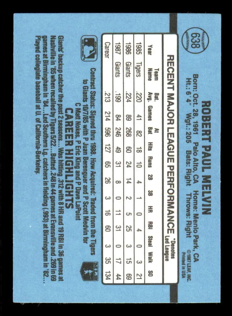 1988 Donruss #638 Bob Melvin NM-MT San Francisco Giants Baseball Card - Baseball Card Single