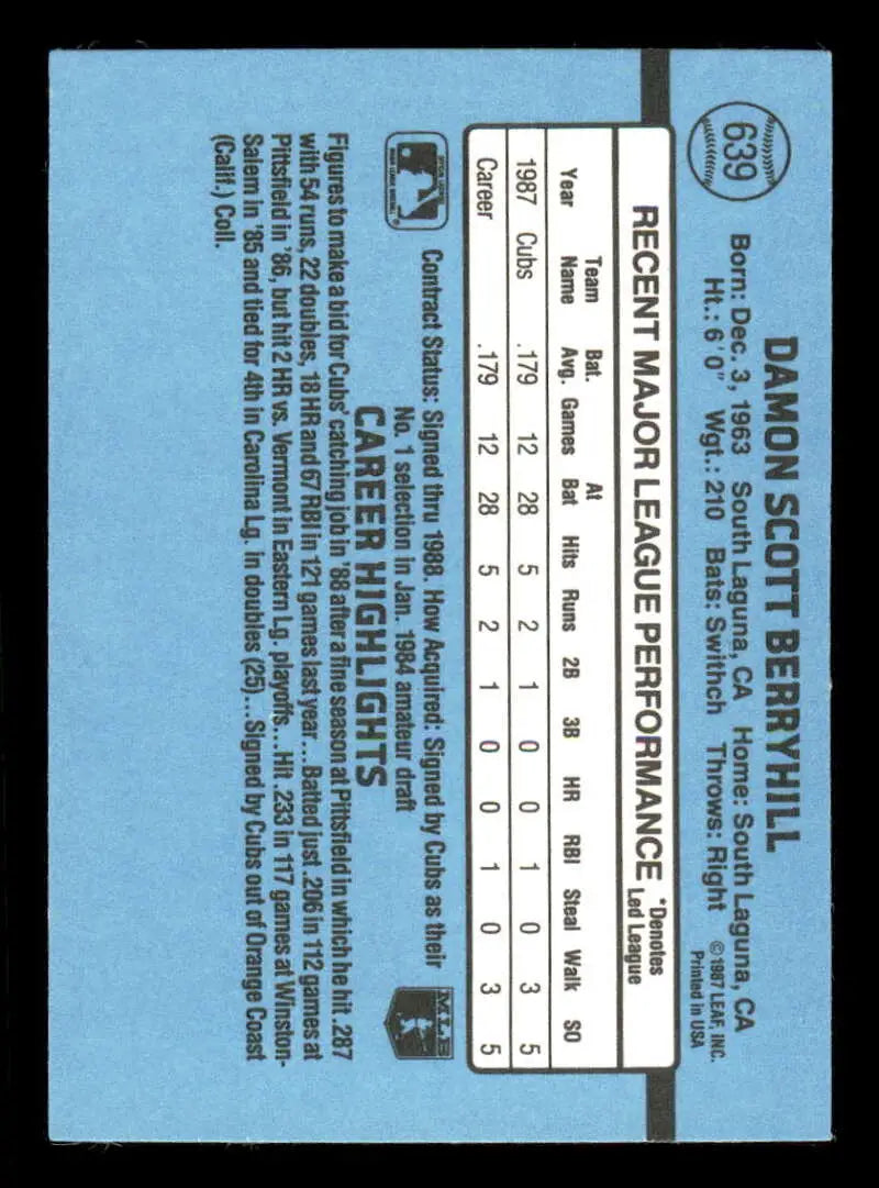 1988 Donruss #639 Damon Berryhill NM-MT RC Rookie Chicago Cubs Baseball Card - Baseball Card Single
