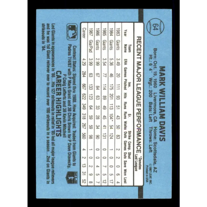 1988 Donruss #64 Mark Davis EX San Diego Padres Baseball Card