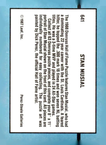 Vintage Donruss Hall of Fame puzzle piece featuring Stan Musial baseball card 1988 Donruss #641