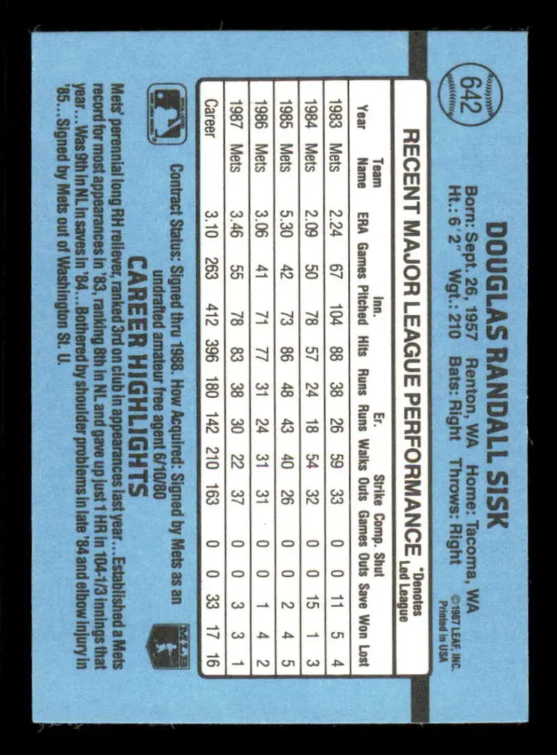 1988 Donruss #642 Doug Sisk NM-MT New York Mets Baseball Card - Baseball Card Single