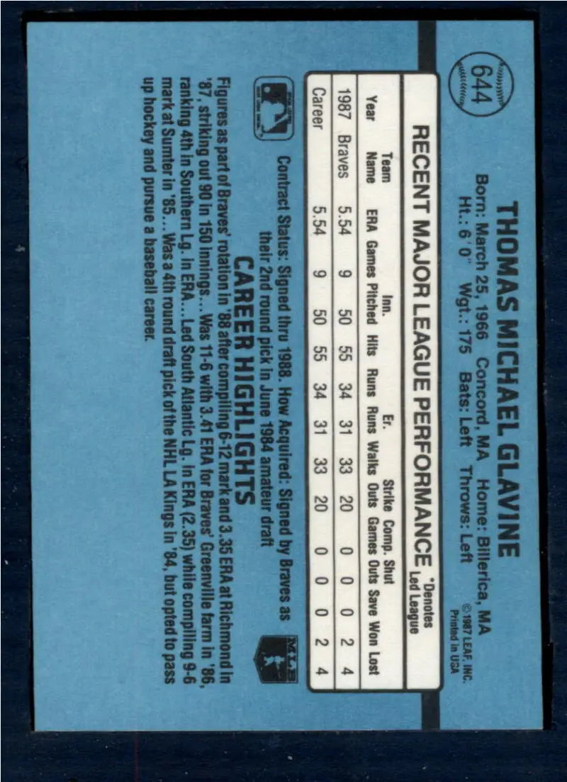1988 Donruss #644 Tom Glavine NM-MT RC Rookie Atlanta Braves Baseball Card - Baseball Card Single