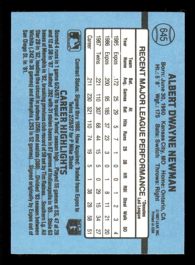1988 Donruss #645 Al Newman NM-MT Minnesota Twins Baseball Card - Baseball Card Single