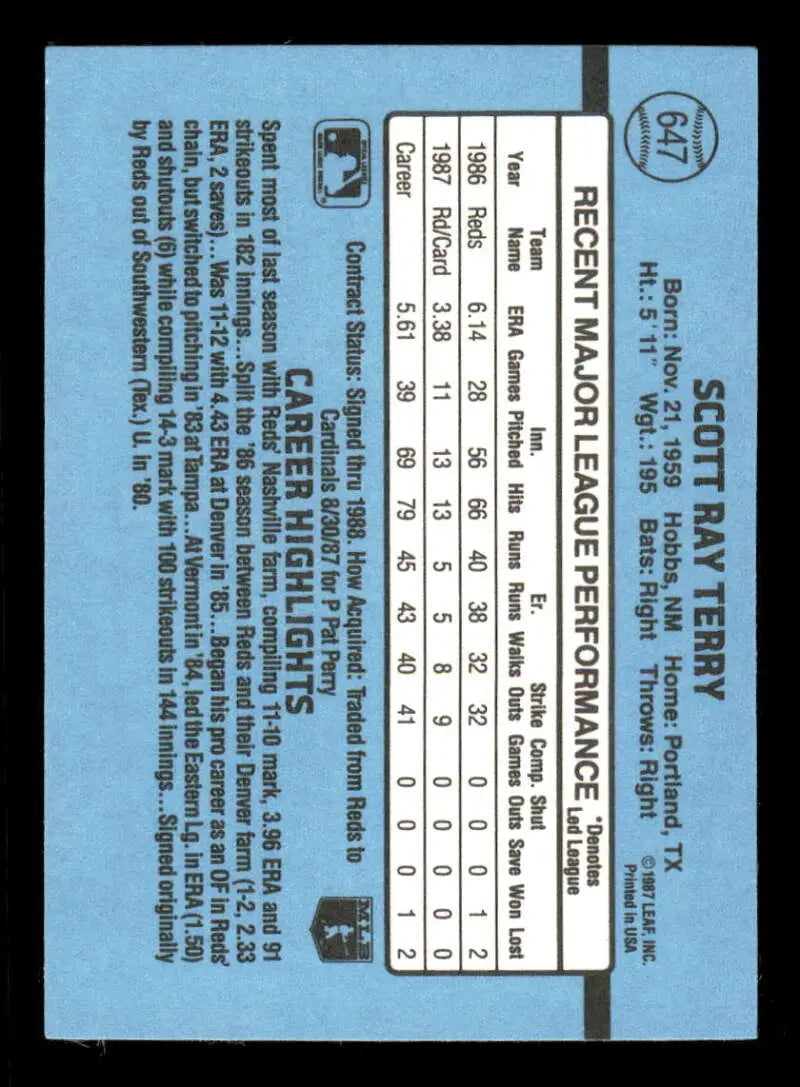 1988 Donruss #647 Scott Terry NM-MT St. Louis Cardinals Baseball Card - Baseball Card Single