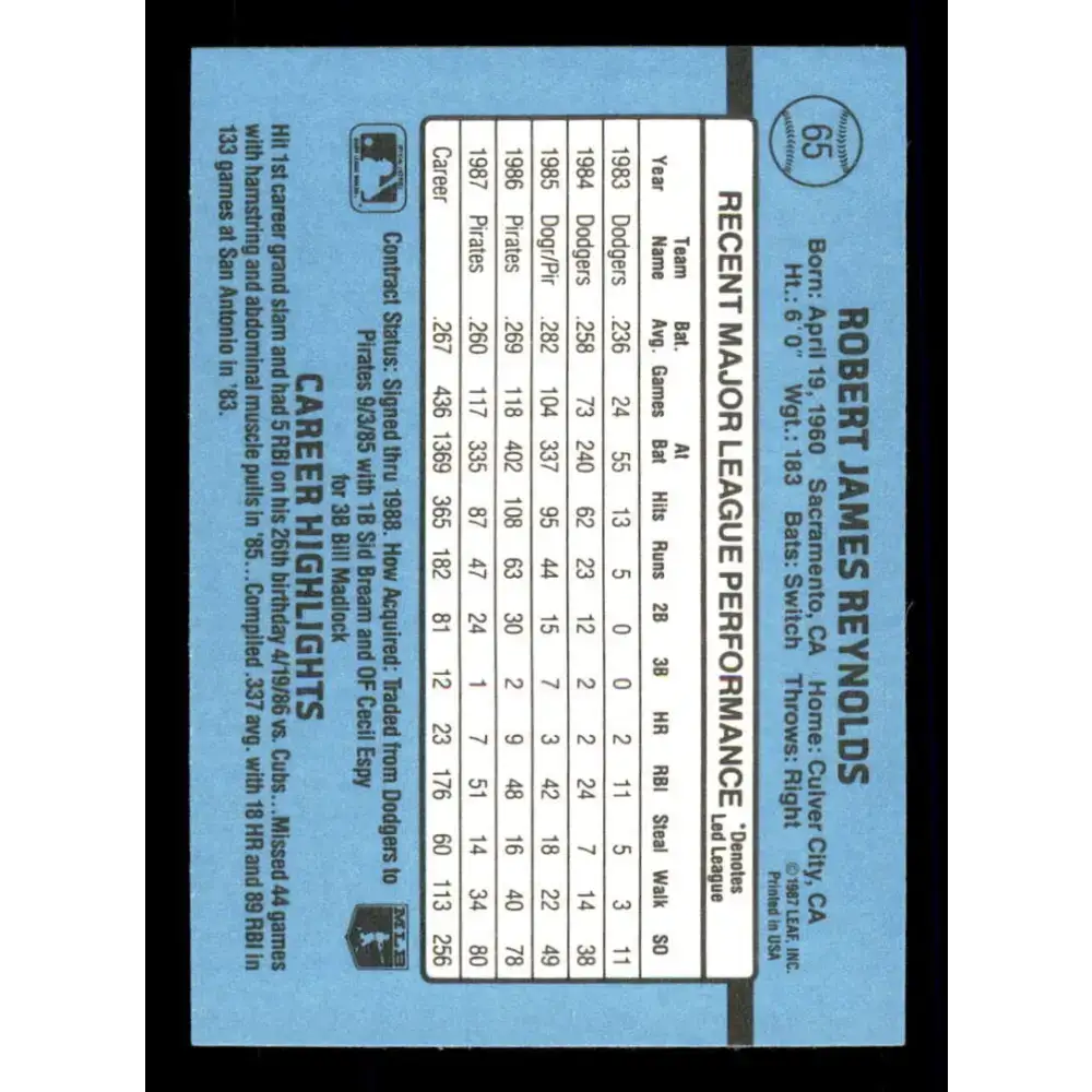 1988 Donruss #65 R.J. Reynolds EX Pittsburgh Pirates Baseball Card