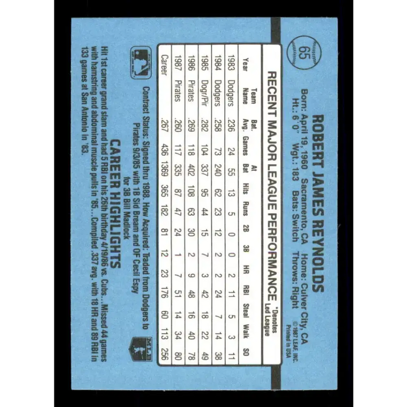 1988 Donruss #65 R.J. Reynolds EX Pittsburgh Pirates Baseball Card - Baseball Card Single