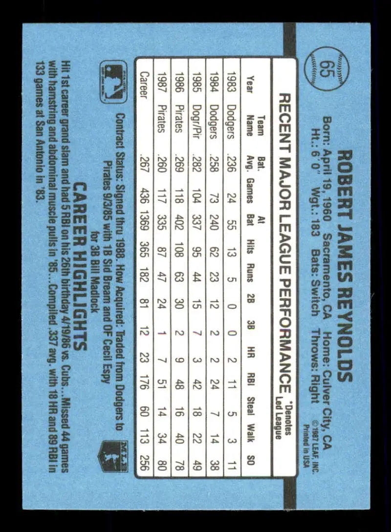 1988 Donruss #65 R.J. Reynolds NM-MT Pittsburgh Pirates Baseball Card - Baseball Card Single