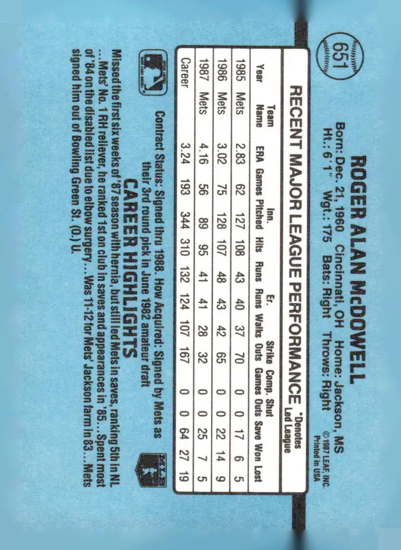 1988 Donruss #651b Roger McDowell