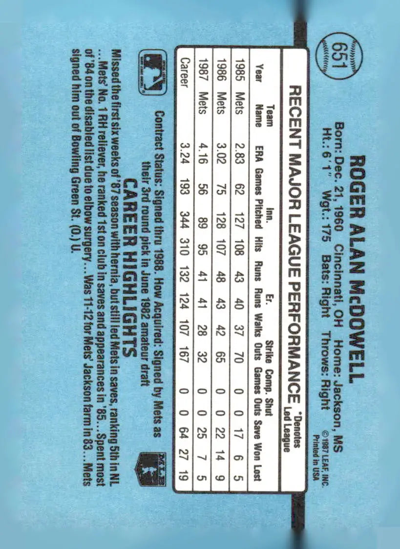Vintage 1988 Donruss 651b Roger McDowell baseball card featuring Roger Alan McDowell
