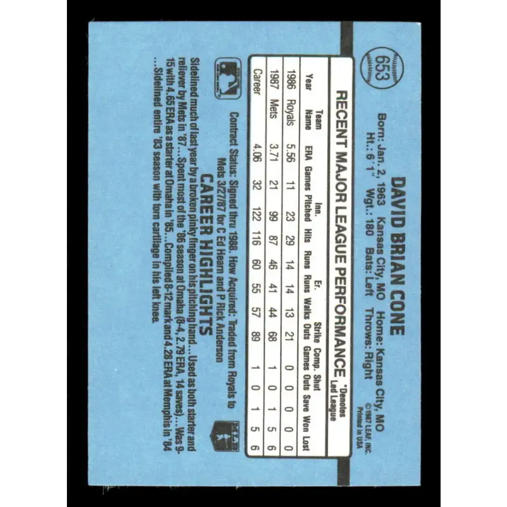 1988 Donruss #653 David Cone EX New York Mets Baseball Card - Baseball Card Single