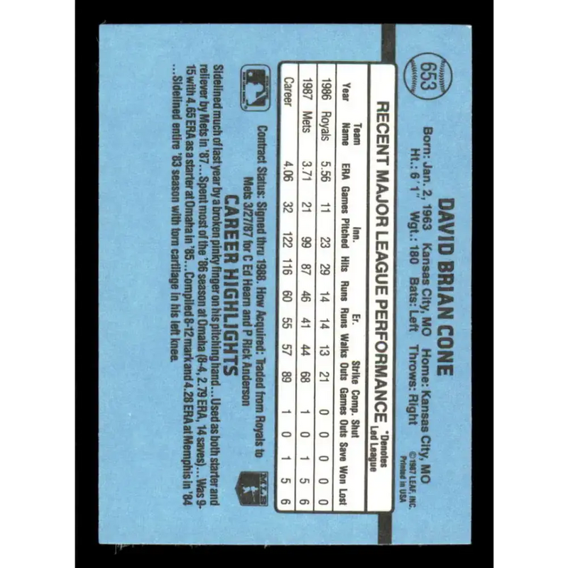 1988 Donruss #653 David Cone EX New York Mets Baseball Card - Baseball Card Single
