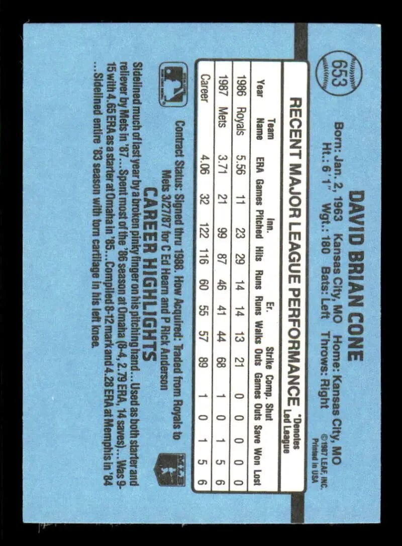 1988 Donruss #653 David Cone NM-MT New York Mets Baseball Card - Baseball Card Single