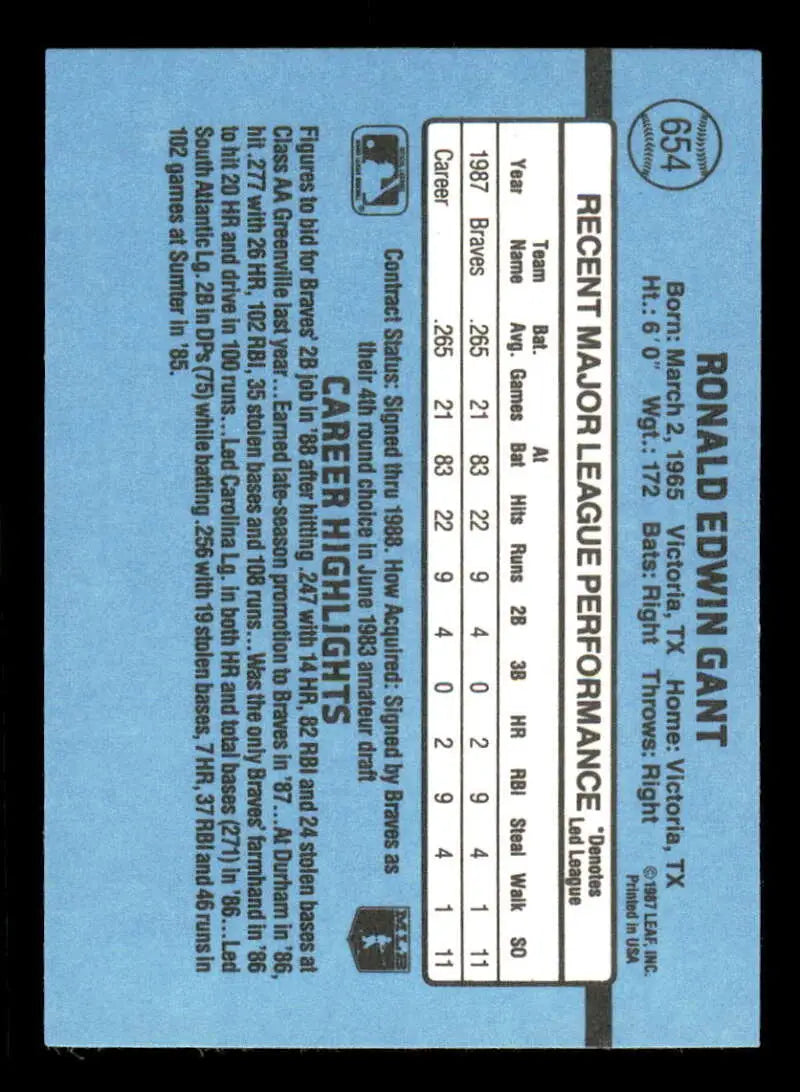 1988 Donruss #654 Ron Gant NM-MT RC Rookie Atlanta Braves Baseball Card - Baseball Card Single