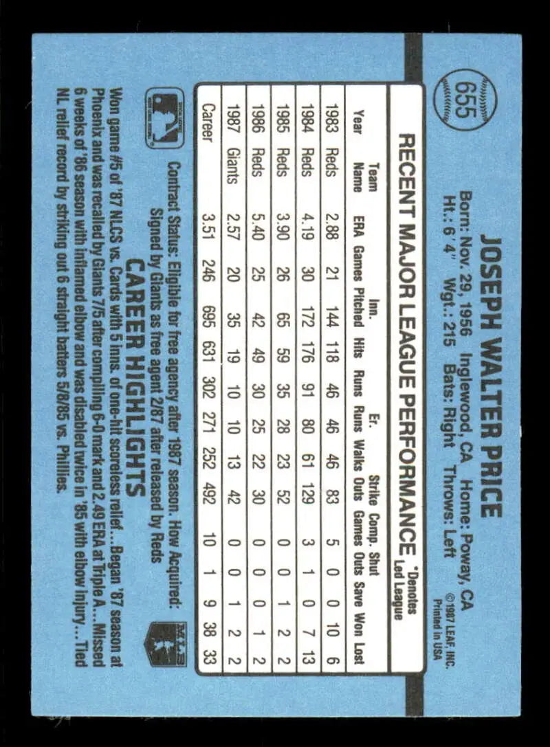 1988 Donruss #655 Joe Price NM-MT SP San Francisco Giants Baseball Card - Baseball Card Single