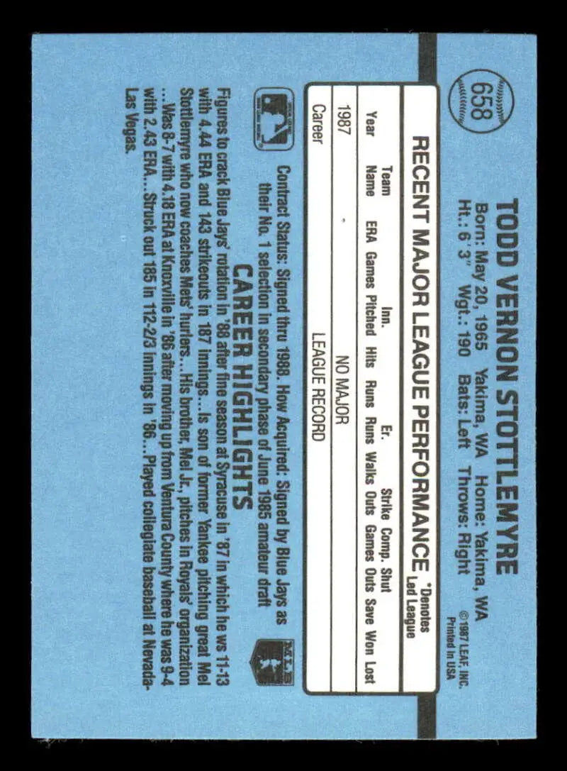 1988 Donruss #658 Todd Stottlemyre NM-MT RC Rookie Toronto Blue Jays Baseball Card - Baseball Card Single
