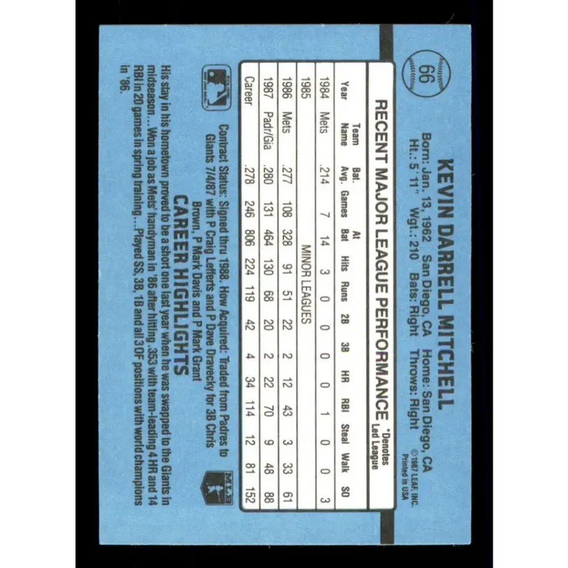 1988 Donruss #66 Kevin Mitchell EX San Francisco Giants Baseball Card - Baseball Card Single