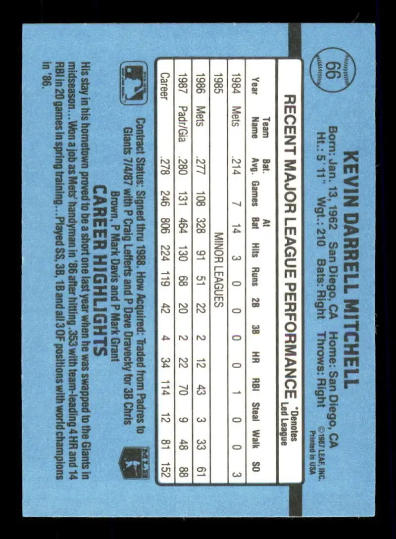 1988 Donruss #66 Kevin Mitchell NM-MT San Francisco Giants Baseball Card - Baseball Card Single