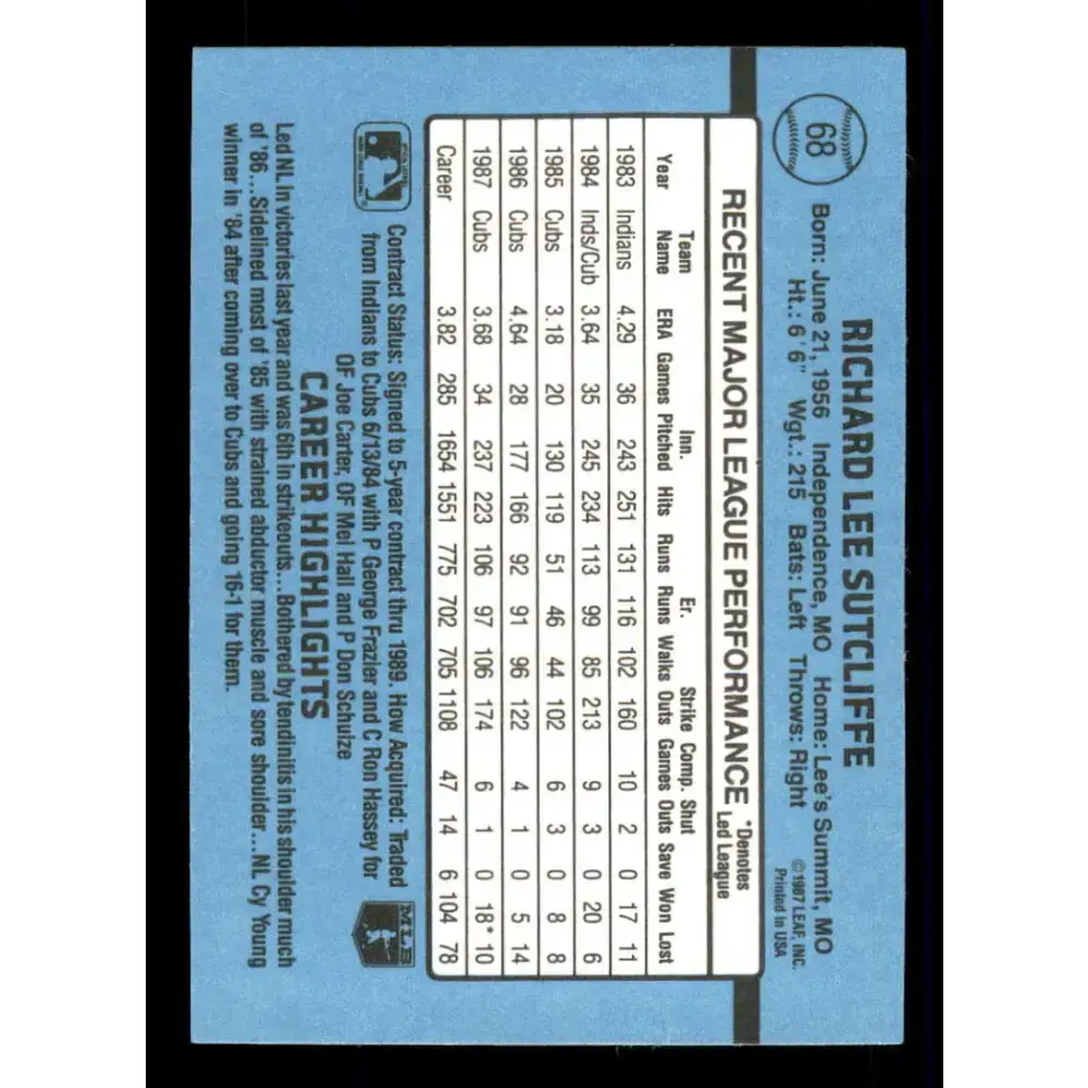 1988 Donruss #68 Rick Sutcliffe EX Chicago Cubs Baseball Card Image 2