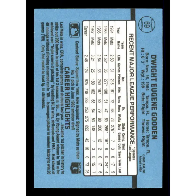 1988 Donruss #69 Dwight Gooden EX New York Mets Baseball Card - Baseball Card Single