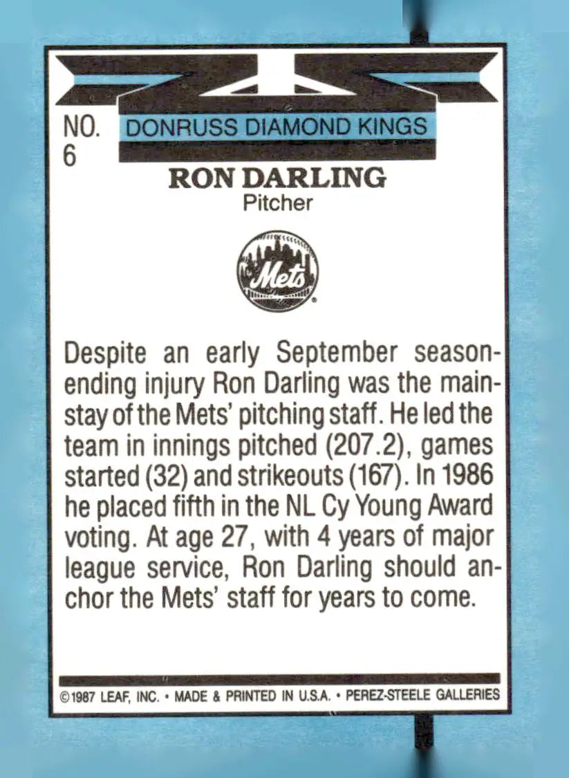 Back of a 1987 Donruss Ron Darling baseball card in the 1988 Donruss #6b set
