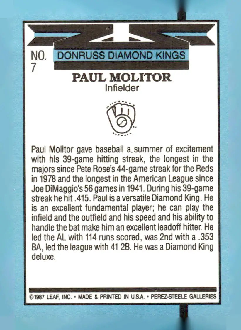 Back of a Paul Molitor 1987 Donruss Diamond Kings baseball card, number 7