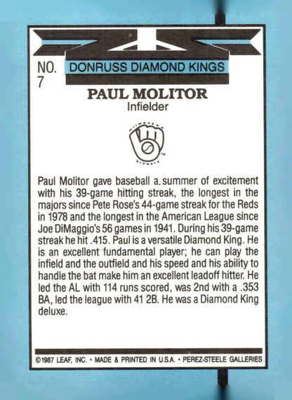 Back of a Paul Molitor 1987 Donruss Diamond Kings baseball card, number 7