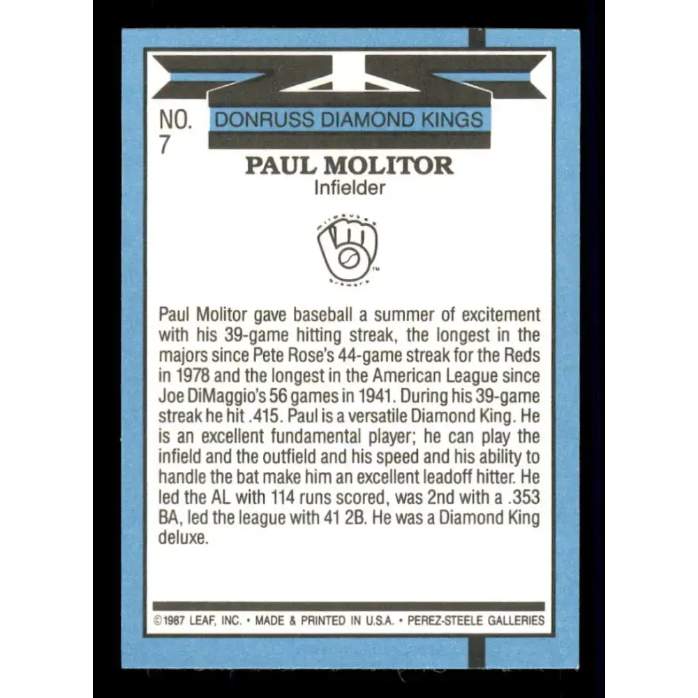 1988 Donruss #7 Paul Molitor DK EX Milwaukee Brewers Baseball Card Image 2