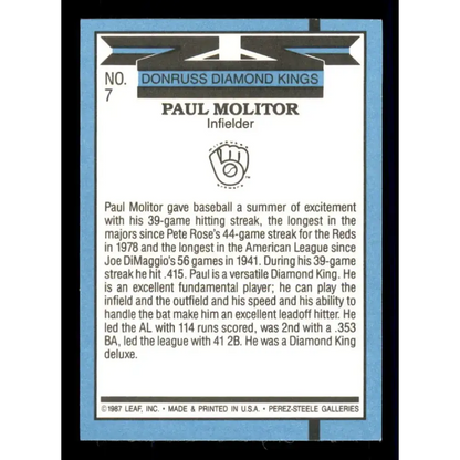 1988 Donruss #7 Paul Molitor DK EX Milwaukee Brewers Baseball Card Image 2