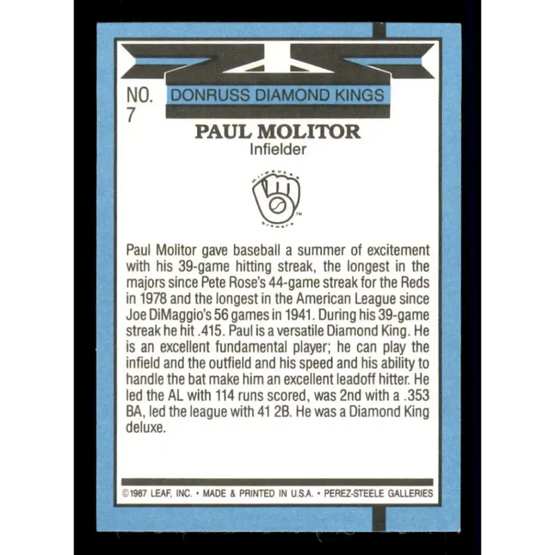 1988 Donruss #7 Paul Molitor DK EX Milwaukee Brewers Baseball Card - Baseball Card Single